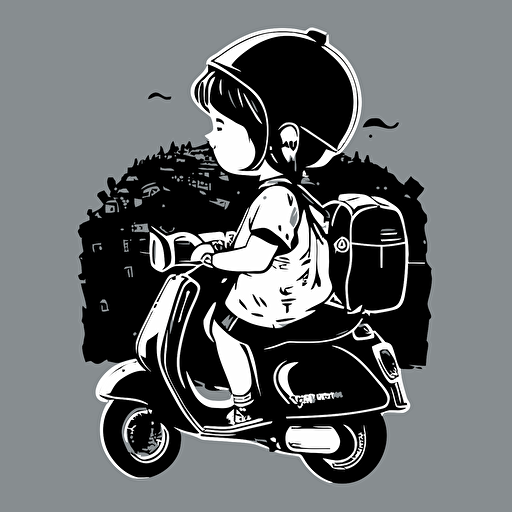 2d outline simple vector silhouette , a smiling little girl is riding a vespa, she has got backpack and helmet