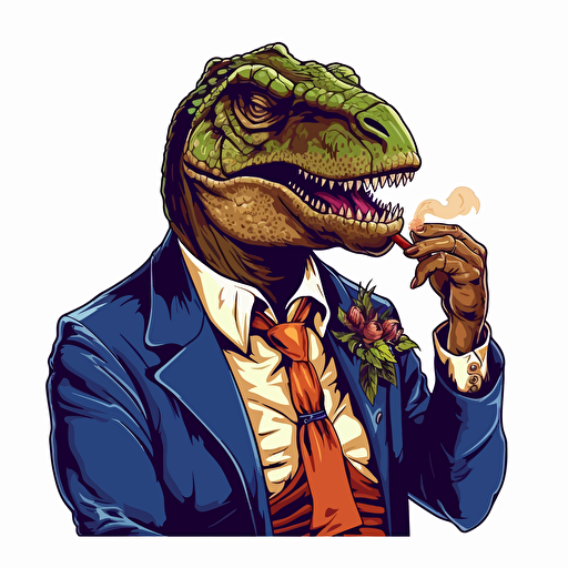 T-rex smoking a cigar wearing a suit, big colour design, on blank white background, vector art, 2d