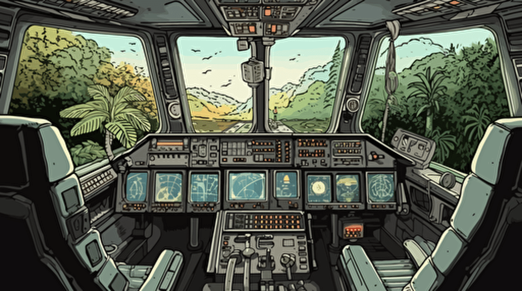 the spaceous cockpit inside a space shuttle that just landed on a foreign jungle planet, complex computers and data instruments line the walls, you can see parts of the jungle planet looking outside of the windows in the cockpit, vector illustration