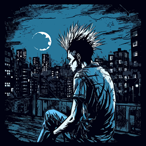 Depressed punk in city at night,Horror, Sticker, 80s horror comic art, Vector,