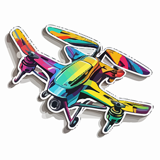 sticker, colorful consumer drone flying, contour, vector, white background