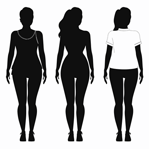 WOMMEN body, vector flat, black and white, white background