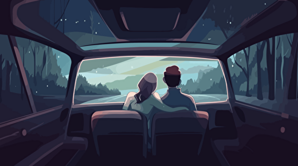 Couple proposing inside a car in a drive-in cinema, perspective from the back seat, vector art, illustrator, after effects, reduced color palette