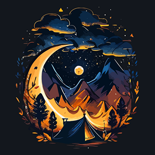 surreal outdoor camping with night sky, vector,logo