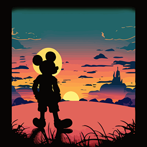 vector of a colorful sunset with the silhouette of Mickey Mouse