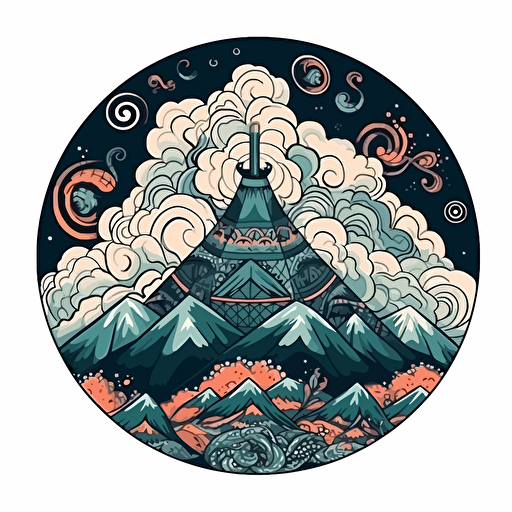 rolling mountains, single tent, campfire atmospheric clouds vector doodles ilustration minimalistic sacred geometry in a circular pattern, angelic