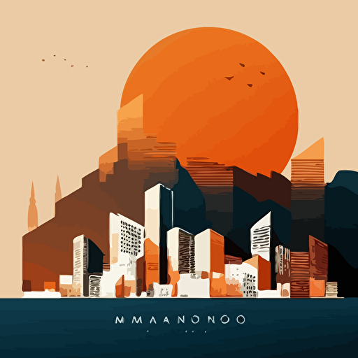 vector image of the Monaco skyline, using only orange and blue colours, simple cartoon style shading, very simple