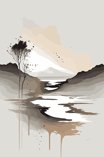 Grey and beige watercolour abstract landscape art, Minimalist, vector, contour