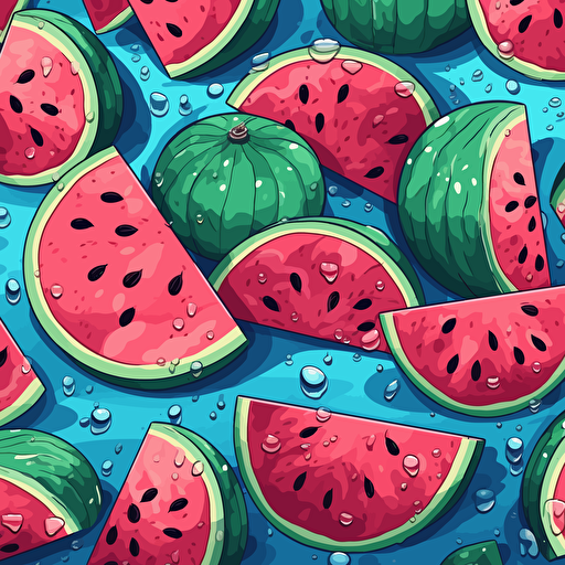watermelon bath illustration, epic composition, 2d vector, blues and pinks, seamless pattern
