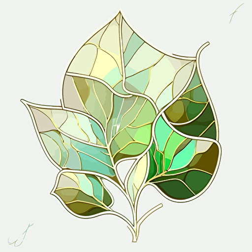 Stained glass ivy petal art on white background. Muted colors. Light green, gold, white. Minimalistic. Flat vector illustration.