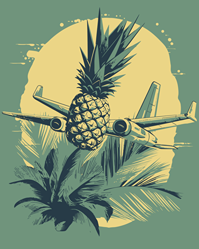 ananas aeroplane, retro aesthetics, vector image, sticker design, pantone color scheme: 12-1706 TCX, 12-0824 TCX, 15-0146 TCX, 15-1164 TCX, 16-6340 TCX, 17-4247 TCX, 18-2043 TCX, 19-6026 TCX. The final piece should exude a warm, holiday-like ambiance.