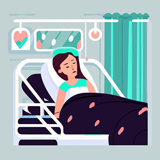 A sick female patient on a hospital bed in a hospital setting, 2d, flat vector illustration, white background