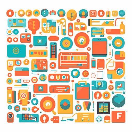 Set of flat vector elements including smartphone +internet + social network + simple vector + bright colors on a white background