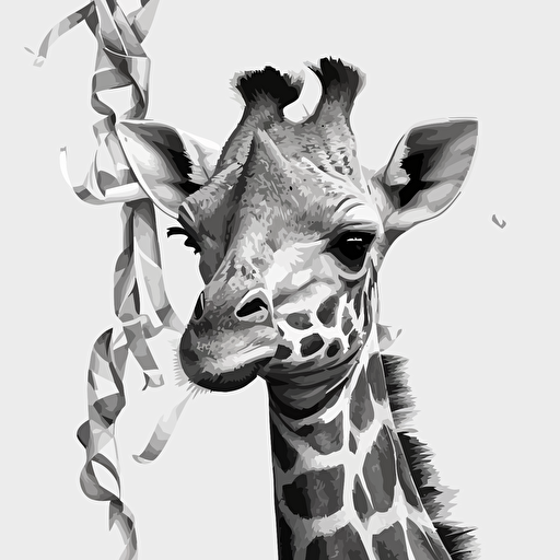 A vectorized image of a baby giraffe with streamers in black and white