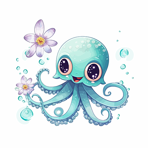 cute octopus, detailed, cartoon style, 2d clipart vector, glittery, creative and imaginative, floral, hd, white background