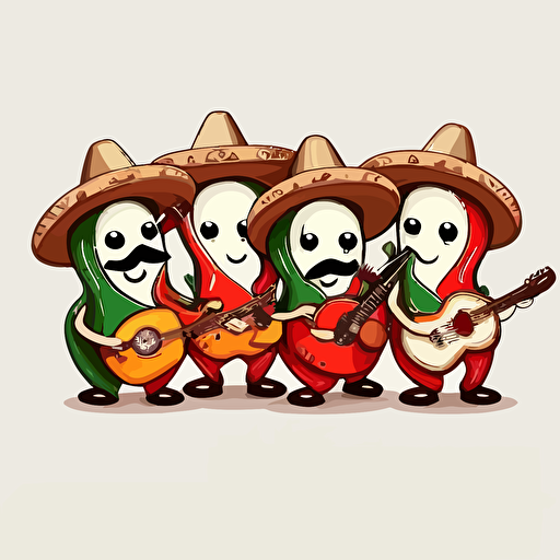 a cute smily chili peppers mariachi band, white background, cartoon style, vector style