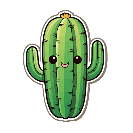 sticker, cute and happy, chubby saguaro cactus, kawaii, vector, contour, white background