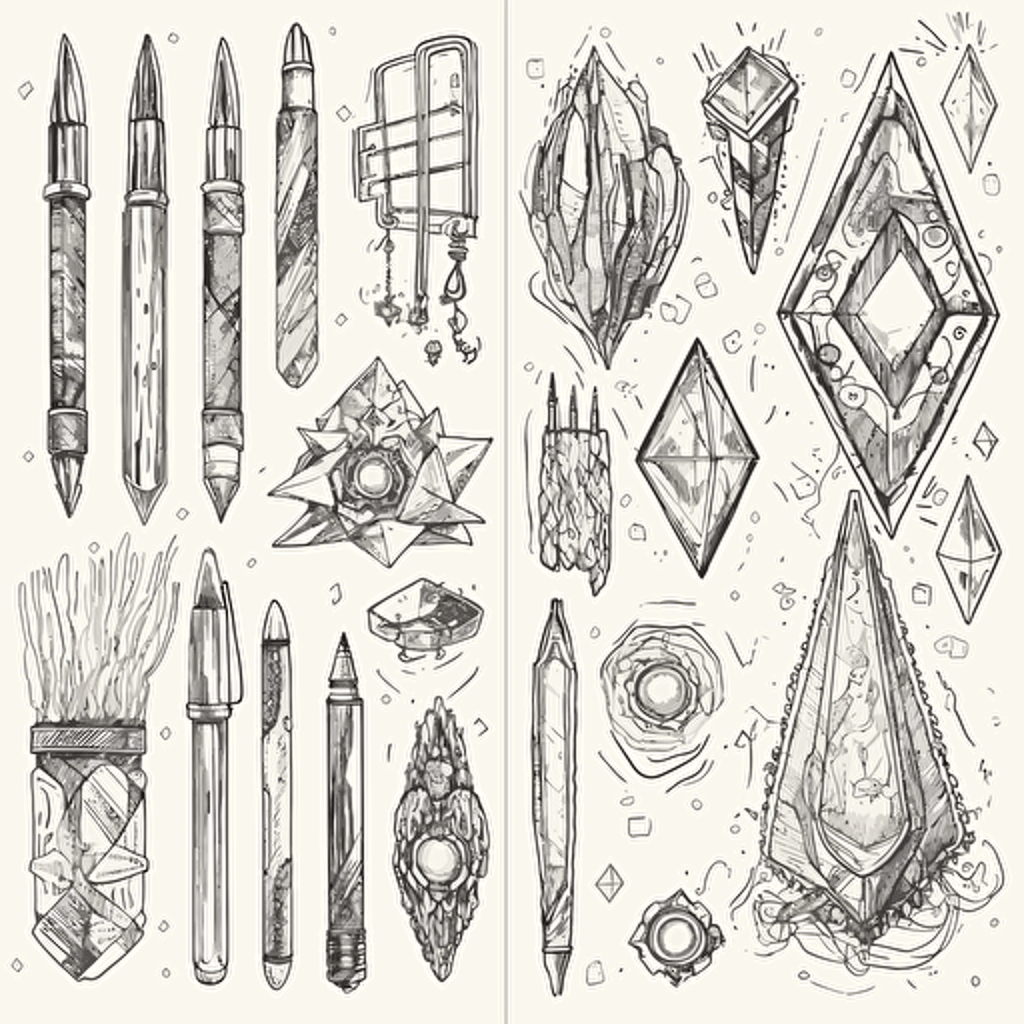 art journal pages, pen and ink, Collection of futuristic cut jewels, cyber punk, translucent, shiny object, high detail, symmetrical, vector, sketch, white background