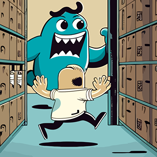 a terrified pharmaceutical factory worker followed by a monster folder, comics, vector.
