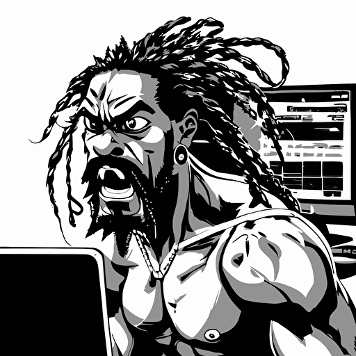Closeup, looking at camera, 2D style, vector illustration, detailed black and white story board, of very attractive black male with long dreadlocks, goatee, mustache, screaming at his computer