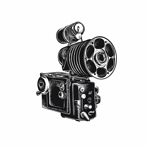 a modern logo of a old fashioned film movie camera black vector, on white background