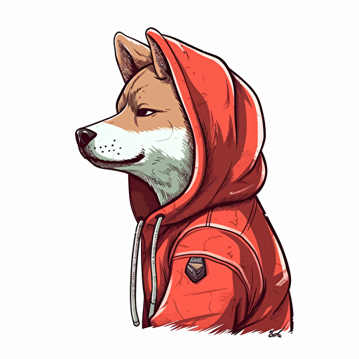 2/3 left side profile shot, cartoon 2d, Shiba Inu wearing a hoodie, cartoon anime, colors red, surreal, Vector illustration, white background