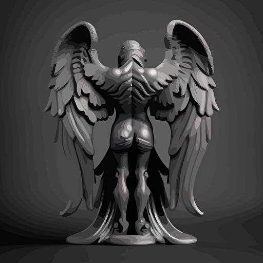 back view, wings of angel statue, illustration Pixar studio style, vector style, grey, v 5