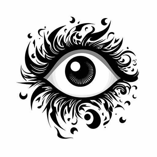 bold,abstract iconic logo of a cartoon eye with question marks around, black vector, white background