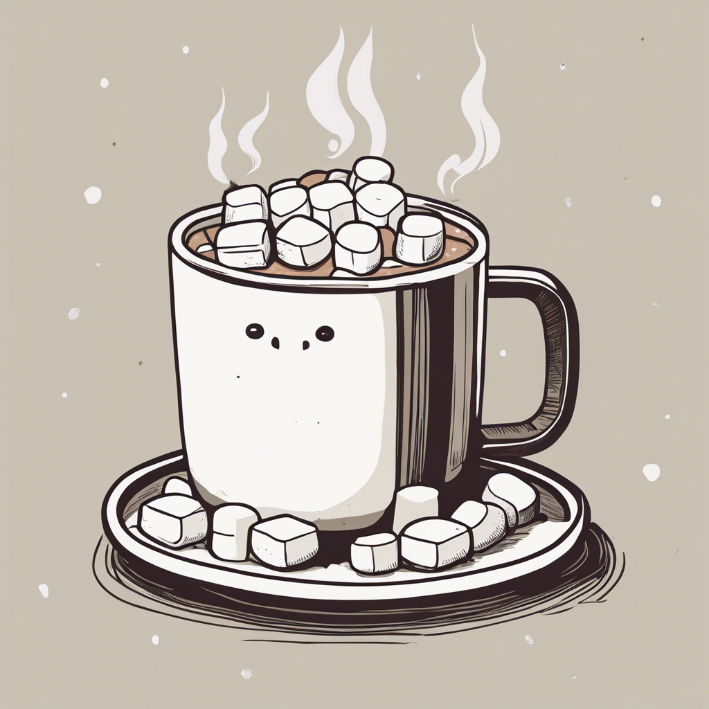 Steaming mug of hot cocoa with marshmallows, illustration in the style of Matt Blease, illustration, flat, simple, vector
