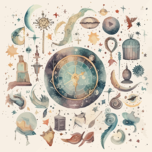 alchemy and astrology symbols, galaxy, whimsical dreamy style, muted colors vector digital painting, white background