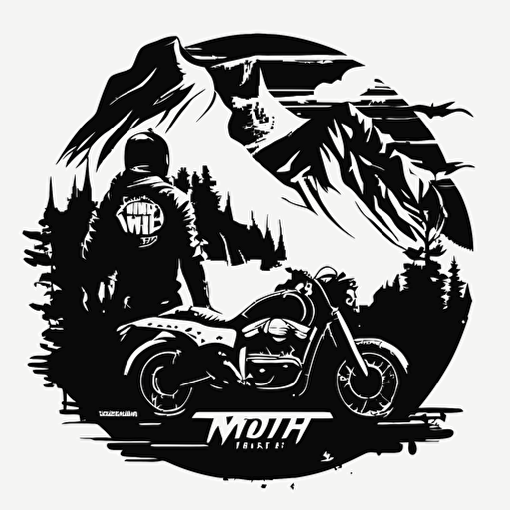 NineT scrambler motorcycle and new Ford mustang in front of the mountains, logo, vector, black and white