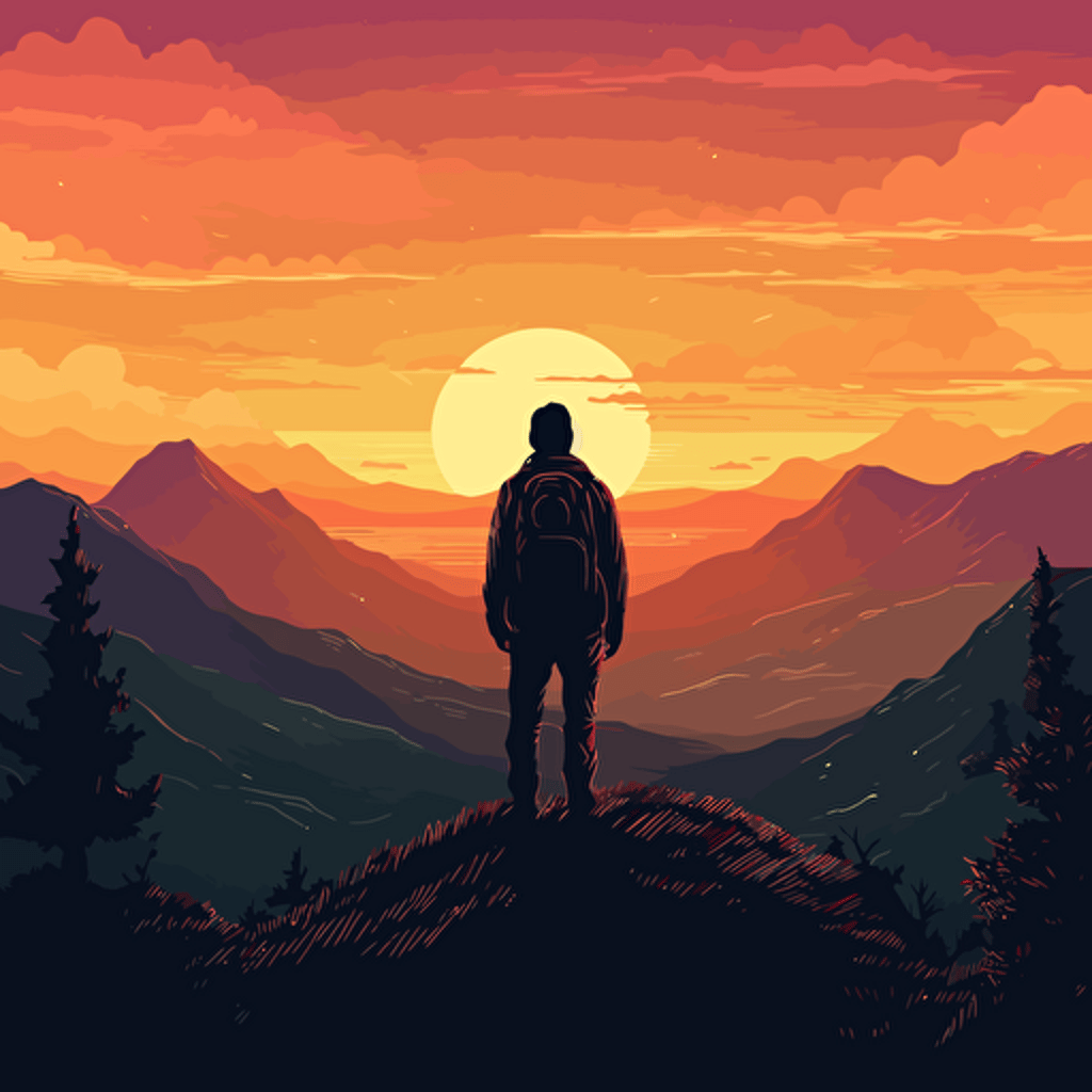 vector art of a man standing on top of a mountain looking at the sunset, detailed,