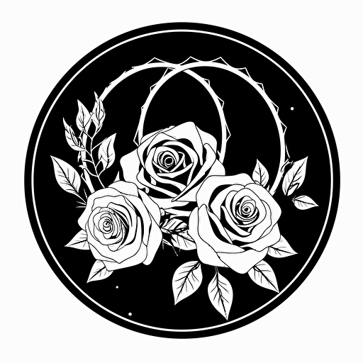 a simple wedding logo, black an white, shall contain roses, two wedding bands, no grey shades, vector art, shall be circular, flat