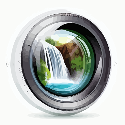 Vector illustration of a lens, waterfall inside the lens, nothing outside, white background, super clean logo