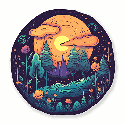 Vector logo sticker for a forest themed gift shop realistc, trippy, proffesional, happy, bright colors, the moon