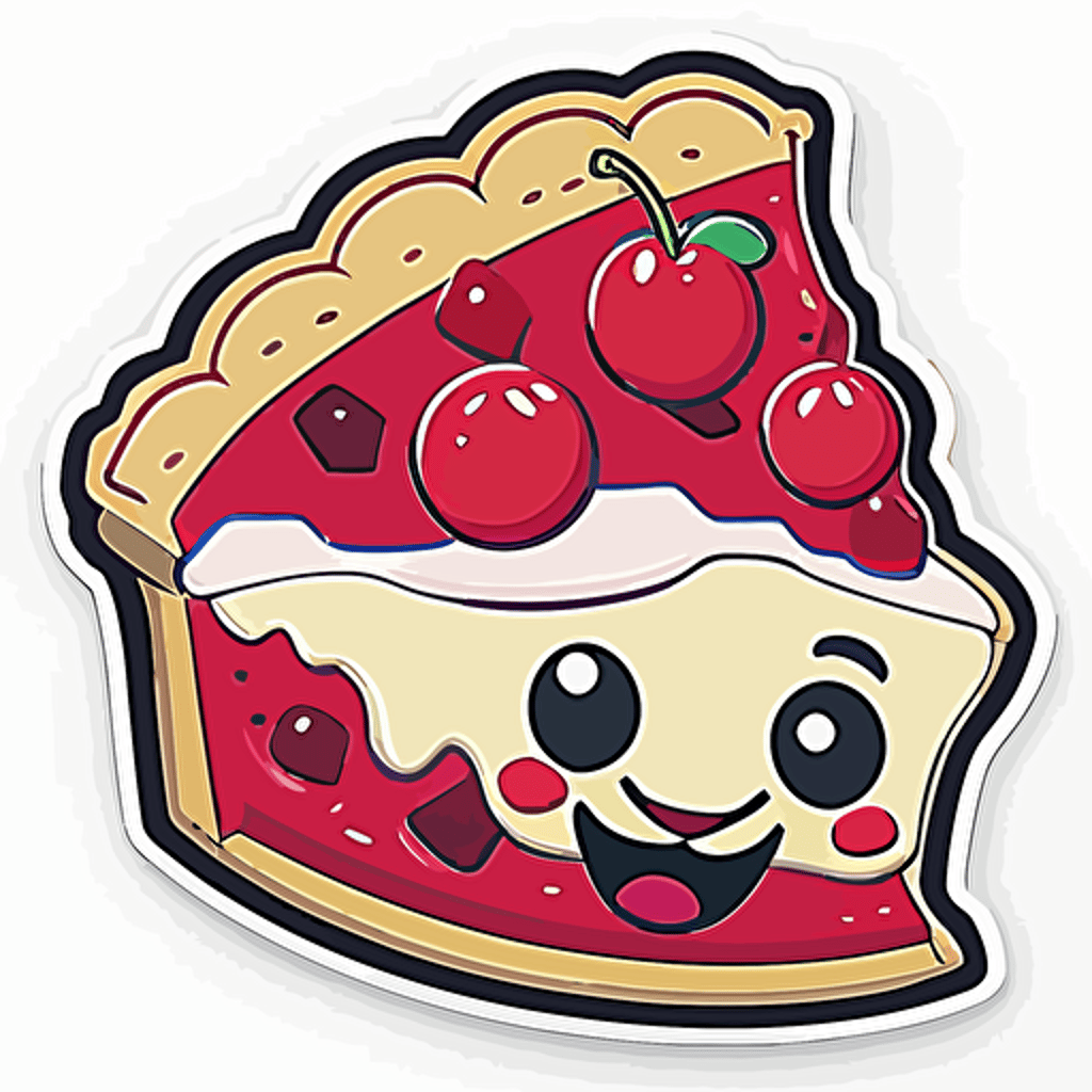 mascot, cute cherry pie slice, 2d, vector, no shading, die cut sticker