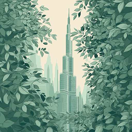Burj khalifa draped in green hanging leaves, vector art style, pastel colours with green hue