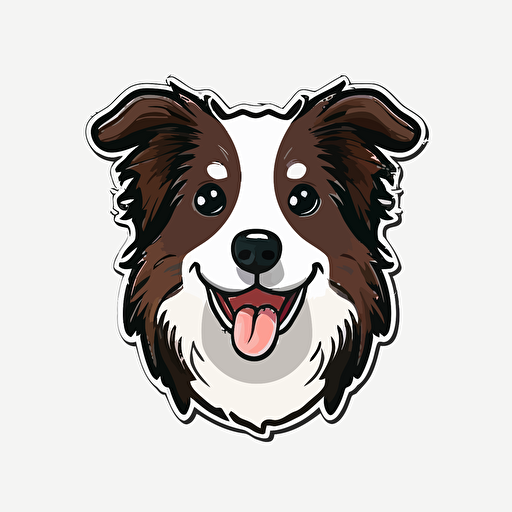 Cute, happy, border collie dog head sticker logo, chibi style, cartoon, clean, vector, 2d, white background, no accessories, without accessories, no text, without text