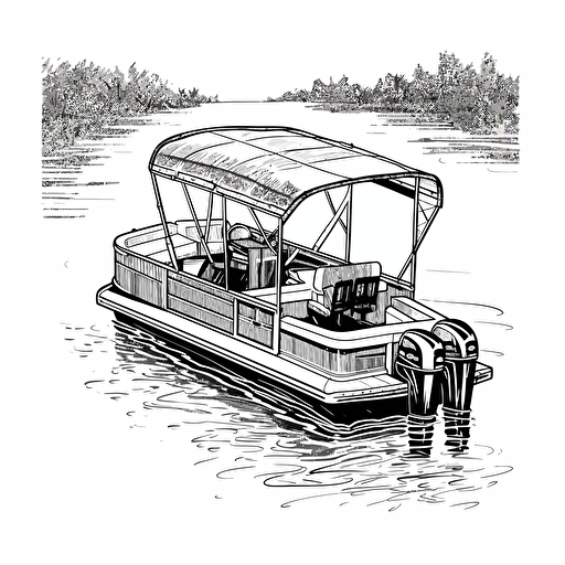 illustration of a pontoon boat on a lake, black ink, vector isolated on white