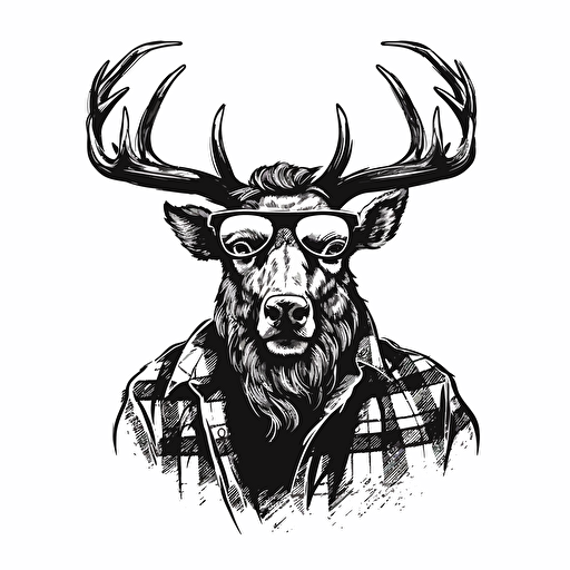 man bull riding Elk wearing flannel, black illustration on white, simple vector, black and white ::vector style