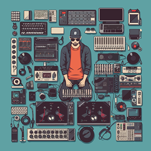 knolling. Dj with all his electronic music production equipment like dj console, synths, drum pad and midi controller. Vector art.