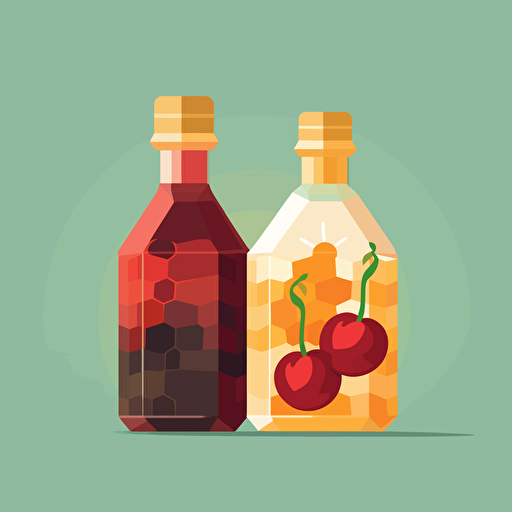 1 single spheric glass bottle: inside a piece of honeycomb and a pair of cherries. Flat vector illustration in the style of Kurzgesagt. no multiple bottles