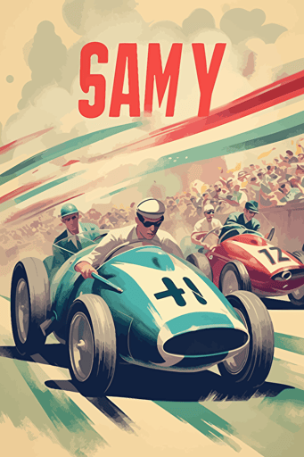 modern poster style, 1950's racing event, speed, flags, spectators, summer, vector art, light colours,