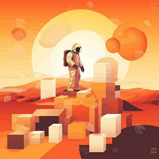 astronaut exploring a landscape made of large cubes, vector quality, warm colors, circle composition