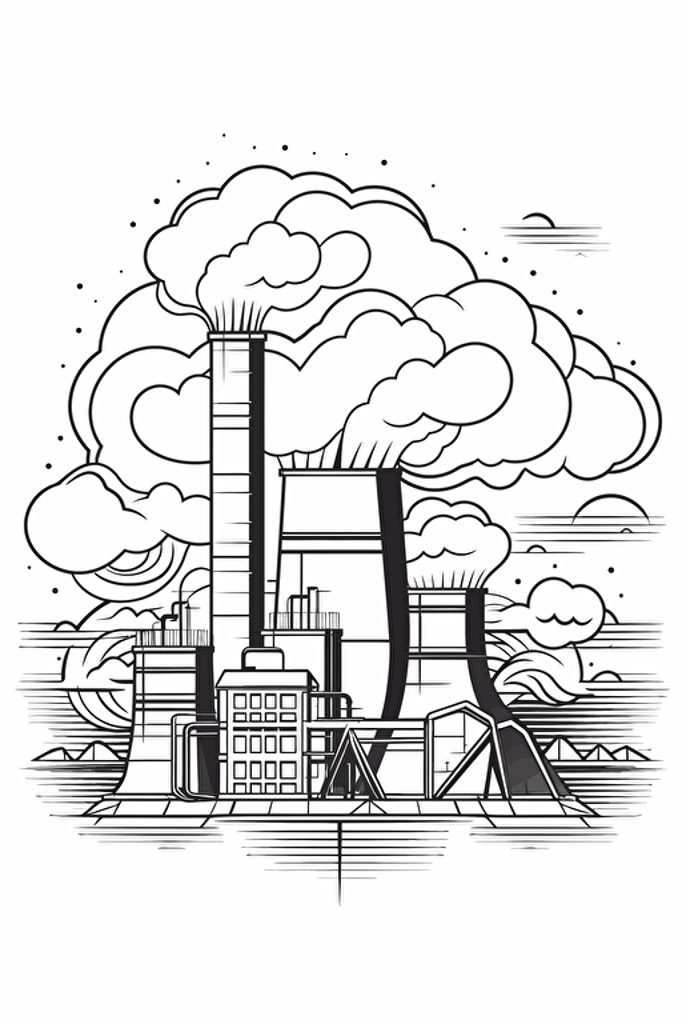 a board game card that is depicting a 2d geometric illustration of a coal power plant in a vector line drawn form, black and white, white background