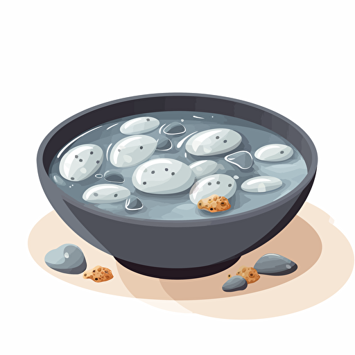 vector art illustration of a water soup with grey pebble stones in it for a kids book, white background,