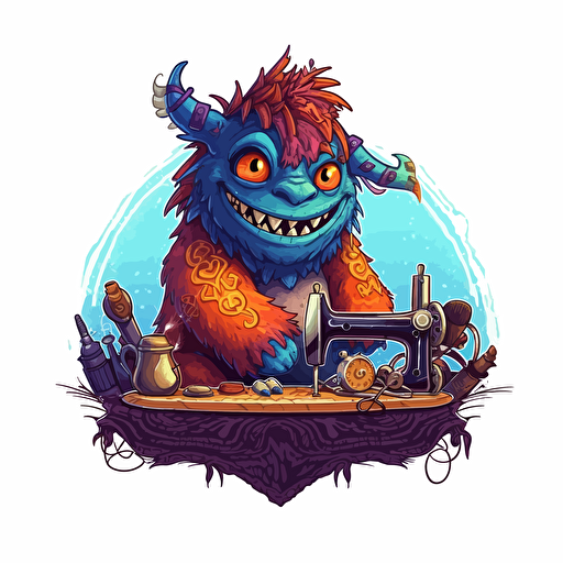 vector illustration, logo, a nice tailor monster, sewing professional, happy, warm colors, detailed