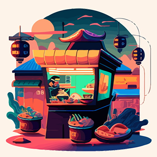 colorful vector art, asian food stalls in a worm hole