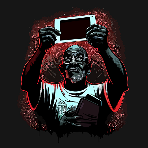 a vector image of old hands from a black man holding a tablet, graffiti style