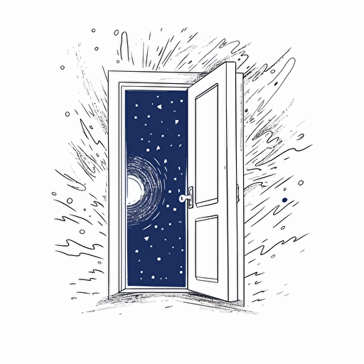 door open to the universe, white background, minimal, vector, doodle, royal blue, simple, clean, grain, art deco, organic